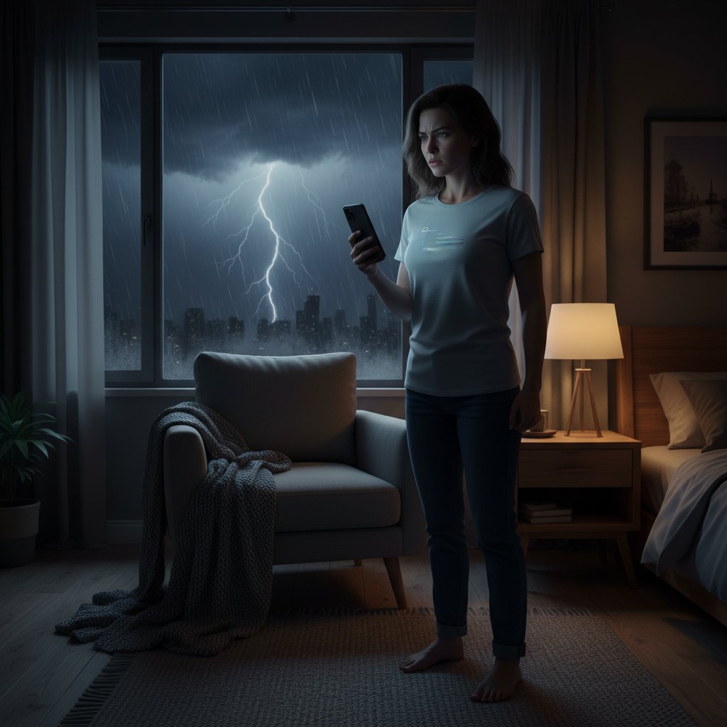 A concerned woman looking at a glowing smartphone screen in a dark bedroom while her husband sleeps.

