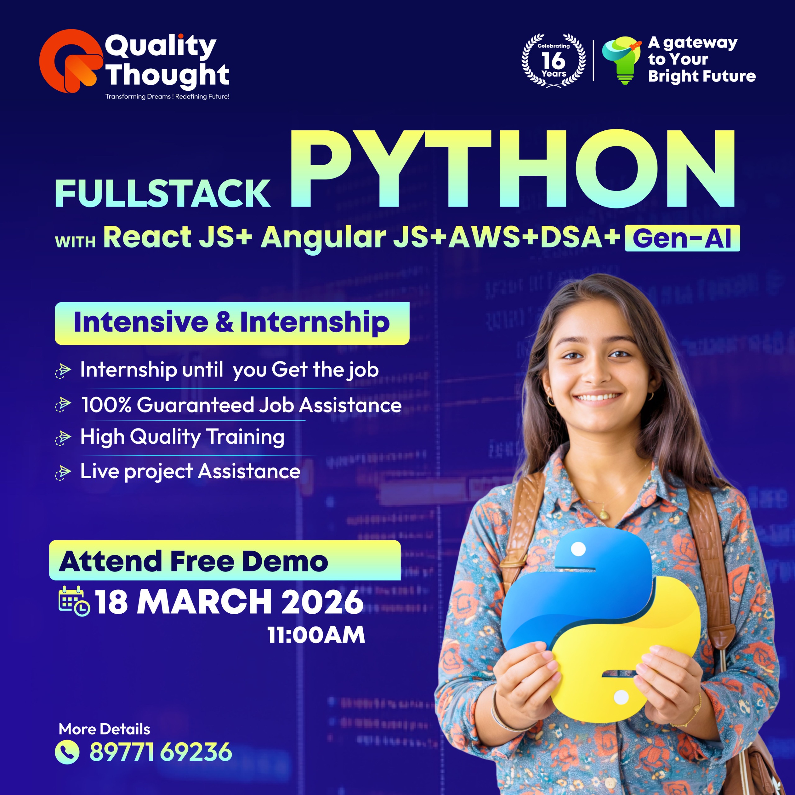 Full Stack Python FREE demo at Quality Thought, inviting students who are tired of just tutorials to learn how to build real, job‑ready web applications with Python full stack (frontend, backend, database).”