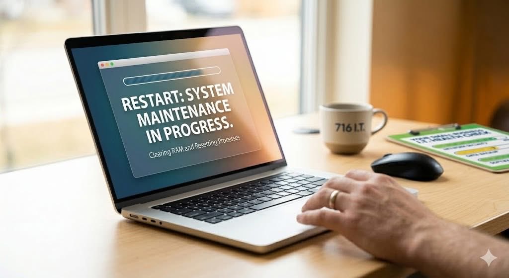 The image shows a user engaging with a laptop that requires an important update to be processed via a restart.