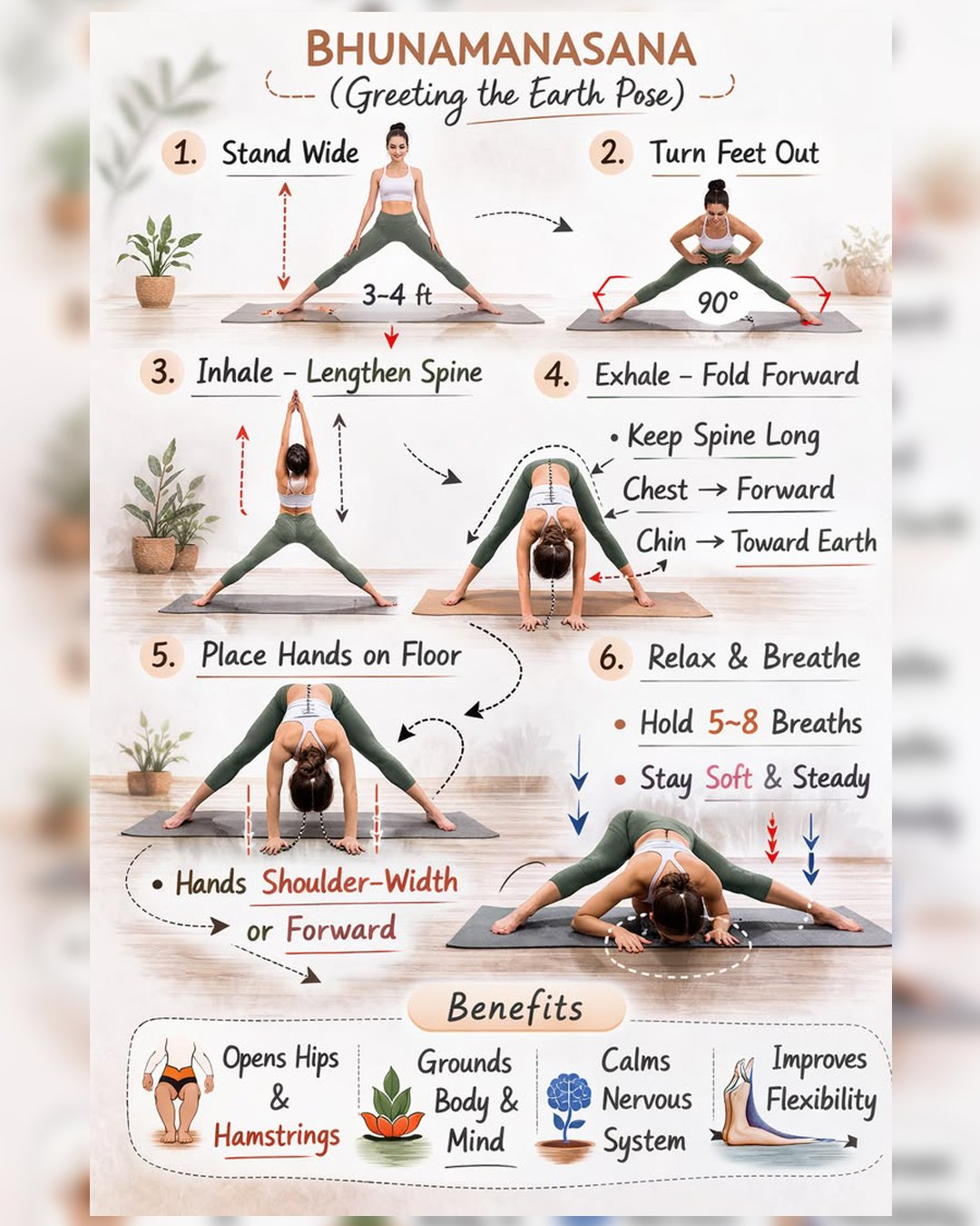Sometimes, the best reset is simply slowing down and reconnecting with the ground beneath you. Bhunamanasana, or the Greeting the Earth Pose, invites you to stretch deeply while finding calm in your breath. It’s not about how far you fold—it’s about how gently you arrive there. Take it slow, breathe deeply, and let your body open at its own pace. 🌱
Step-by-step guide demonstrating Bhunamanasana (Greeting the Earth Pose), showing a woman performing a wide-legged forward fold to stretch hips and hamstrings while promoting relaxation and flexibility.
bhunamanasana pose, greeting the earth pose, deep stretch yoga, hamstring stretch yoga, hip opening yoga, flexibility training yoga, calming yoga poses, grounding yoga flow, beginner yoga stretch, mindful yoga practice, home yoga routine, yoga for stress relief, daily yoga stretch, flexibility improvement yoga,
#yogaflow #yogapractice #flexibilitytraining #stretchingroutine #yogainspiration #hipopening #hamstringstretch #mindfulness #yoga