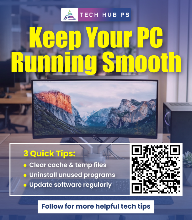 Office desktop setup with monitor and PC tower displaying “Keep Your PC Running Smooth” with tips on clearing cache, uninstalling apps, and updates.