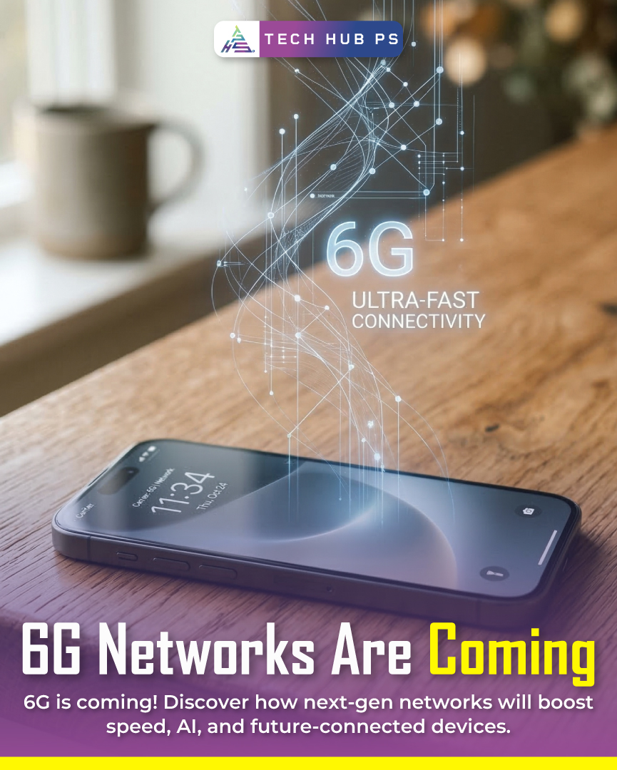 Futuristic 6G network concept showing AI-powered connectivity, ultra-fast wireless signals, smart phone and advanced digital infrastructure.