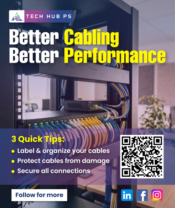Tech Hub PS infographic, Better Cabling Better Performance. Lists 3 tips, label/organize, protect cables, secure connections, Includes QR code.
