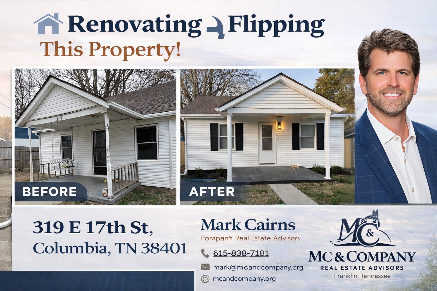 ποΈ From Potential to Profit β Transforming a Columbia Property π‘β¨
Excited to take on a new renovation project at
π 319 E 17th St, Columbia, TN 38401
This property is a perfect example of what smart investing and strategic renovation can achieve. With the right updates, vision, and execution, homes like this can be completely transformed β creating both beautiful living spaces and strong investment returns.
π¨ Full renovation in progress
π¨ Modern upgrades & finishes planned
π Focused on maximizing property value
π‘ Designed for todayβs buyers
Markets like Columbia continue to show strong potential for investors who understand location, demand, and smart improvements.
Stay tuned for the before & after β this one is going to be a transformation. π₯
β
Mark Cairns
Founder | Real Estate Advisor
MC & Company | Franklin, Tennessee
π 615-838-7181
βοΈ mark@mcandcompany.org
π mcandcompany.org