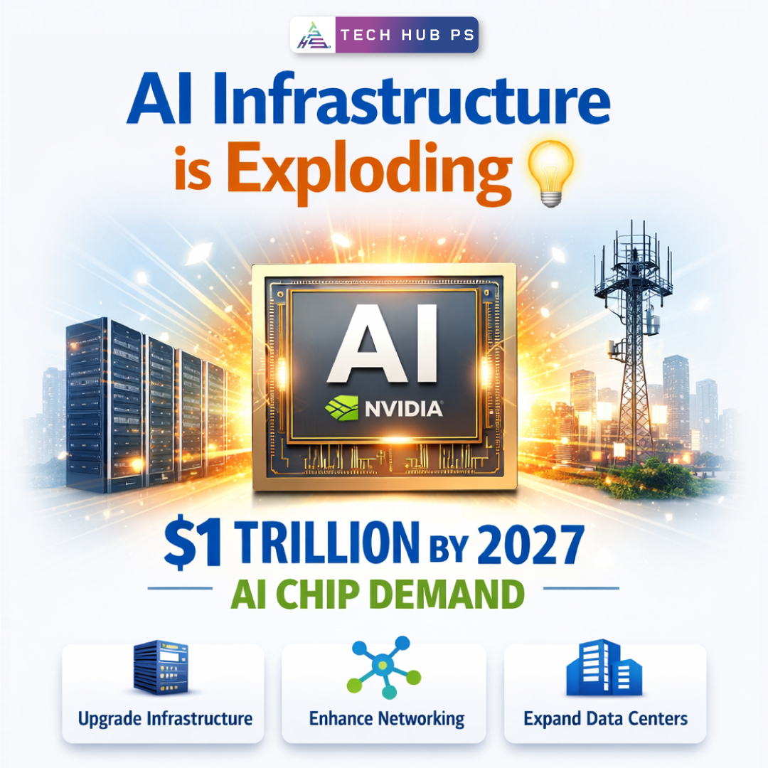 Futuristic AI chip processing data in real time with glowing circuits, representing NVIDIA AI inference power and trillion-dollar market growth.