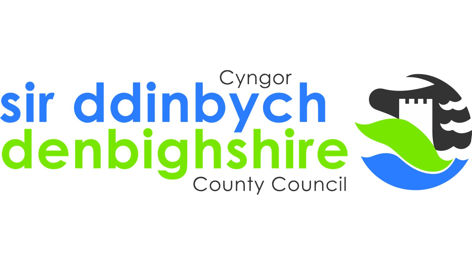 Logo of Denbighshire County Council with bilingual Welsh and English text and a graphic of a castle above blue and green waves.