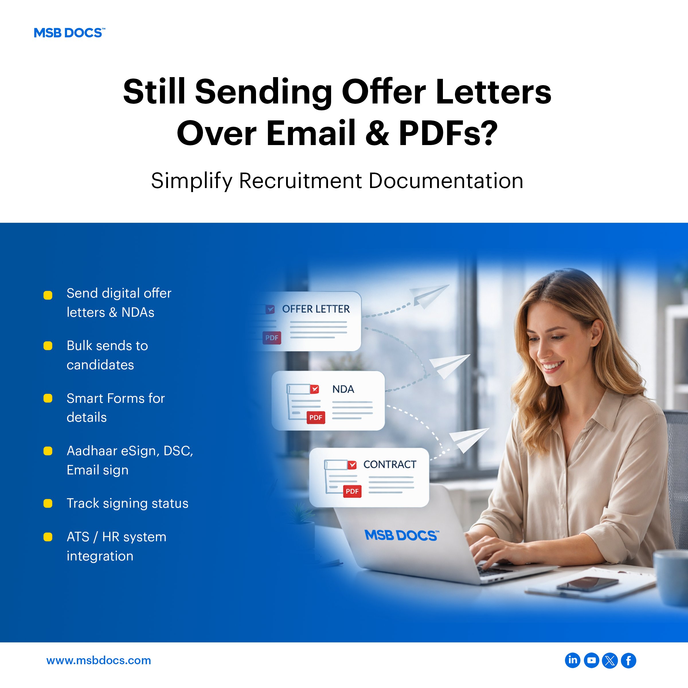 HR tech solution for digital offer letters and consent forms with eSignatures, smart forms, Aadhaar eSign, and ATS integration.
