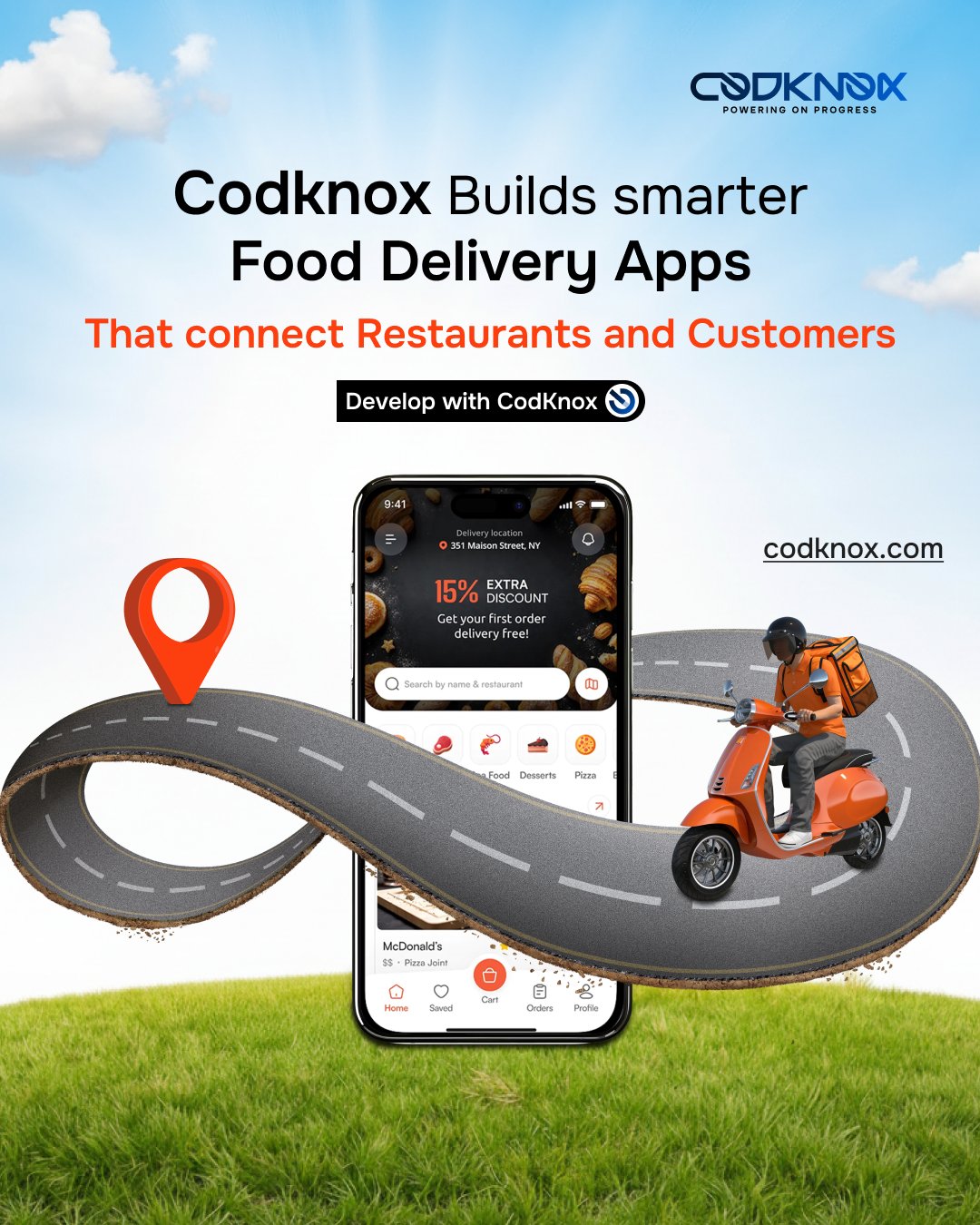 An Infographic image with text "Codknox Builds smarter food delivery apps that connect restaurants and customers."

