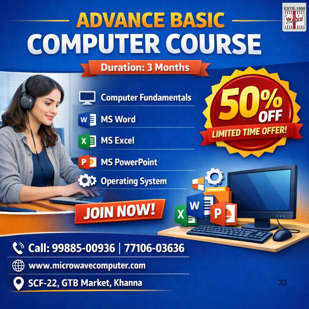 Boost your career with an Advanced Computer Course designed to master essential IT skills like MS Office, advanced Excel, internet tools, and modern software applications. This SEO-optimized computer course helps you gain practical knowledge for high-demand jobs in today’s digital world. Enroll now to upgrade your technical skills and secure better career opportunities.