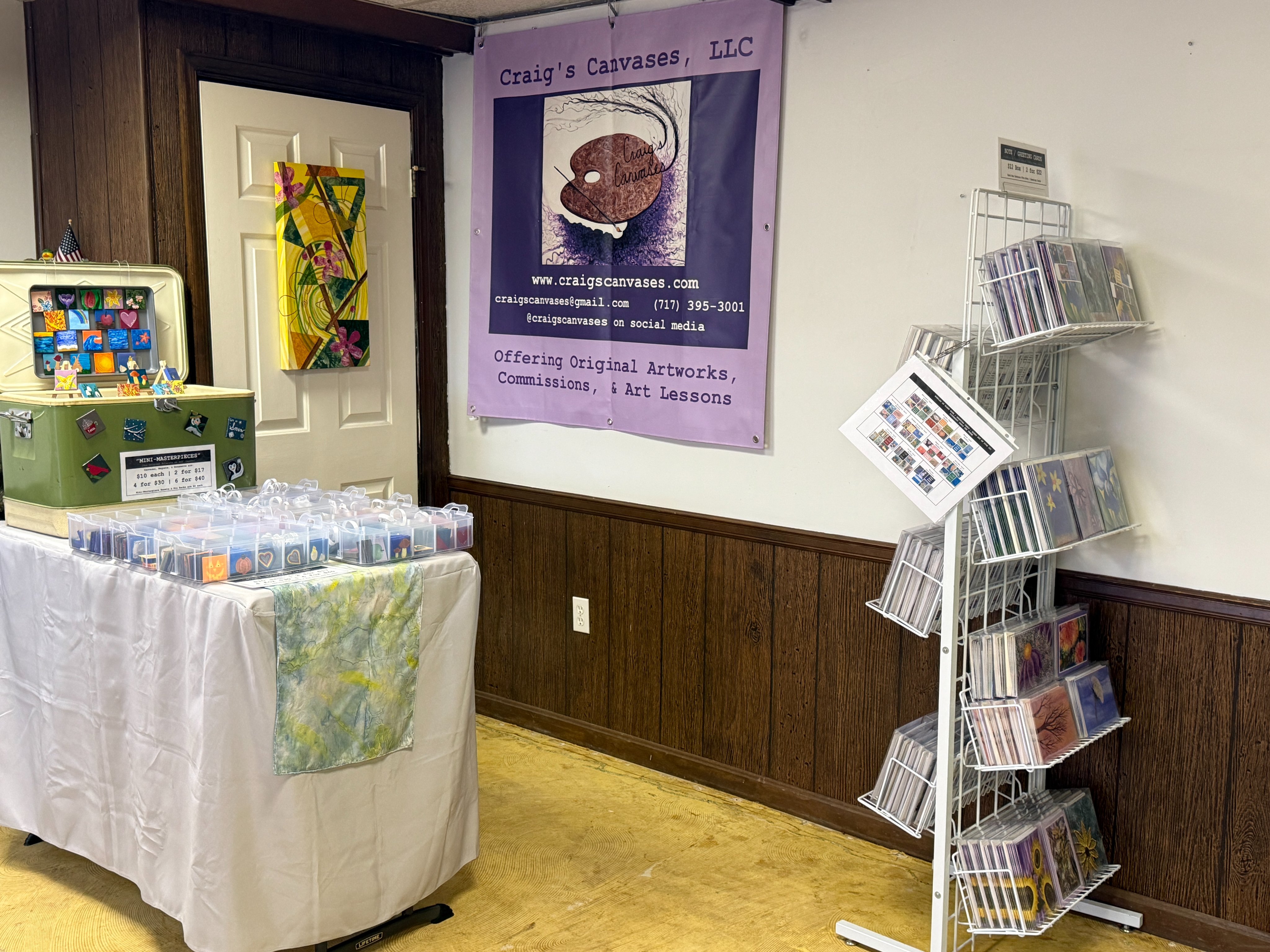 Purchasing Possibilities - 

Over the past few years we’ve typically done a few early Spring shows in March and/or April that we would be advertising and talking about now; however, we’re not going to be doing them this year. That doesn't mean that we don't still have a lot of awesome stuff, it just means that you'll have to shop for it a little differently! Here are some options:
   - Wait it out... We have at least one show confirmed for May; but, if that’s too far away please continue reading!
   - Shop a limited selection online... You can order from our website [shipping can be removed before payment] at https://www.craigscanvases.com/shop. Please note that not all of everything can be purchased that way as our scarves, mini-masterpieces, and other items are not listed / available.
     - Shop In-Person on Your Terms... Send us a note to get an appointment on our calendar and you can shop everything you'd like right from our studio! We've recently had a few people take advantage o