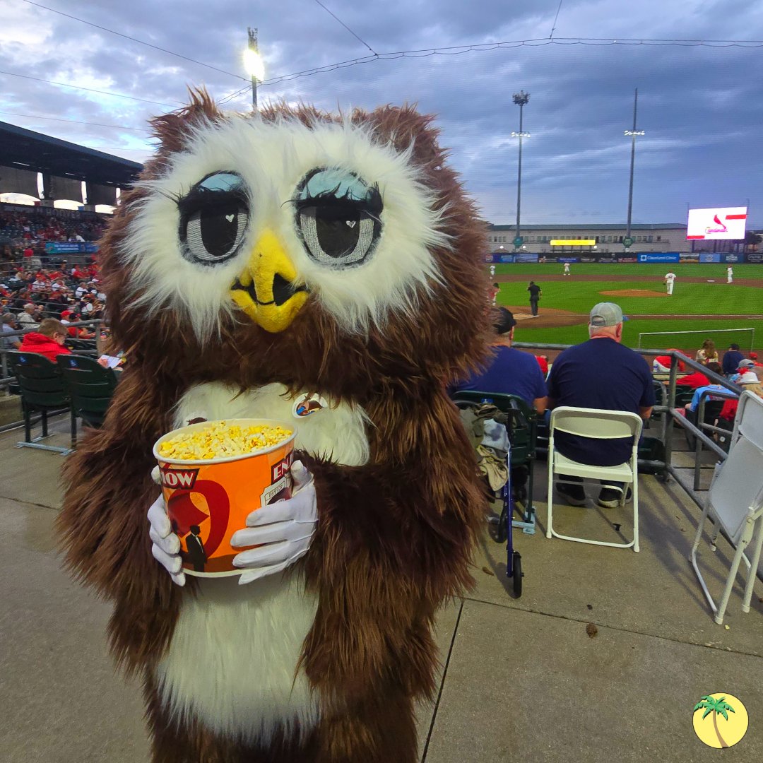 Dewey the mascot holding a big bucket of buttered popcorn, standing in front of a baseball field while a game is going.