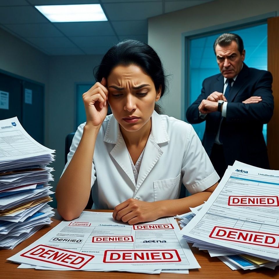 Frustrated female physician labors over a desk covered in denied patient orders while a clock-watching administrator scowls over her in the background.