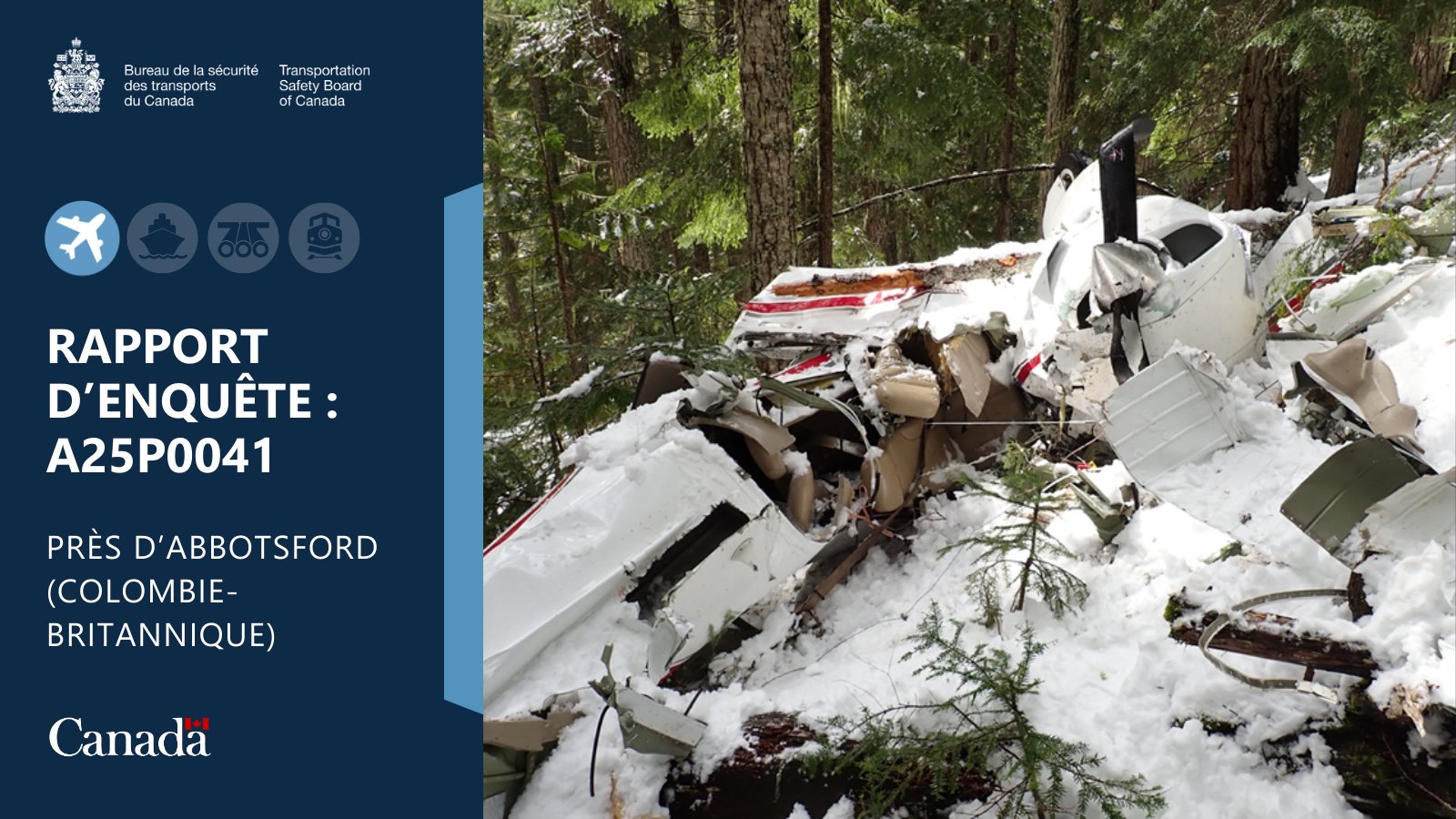 Image de l’épave d’un aéronef avec le texte « Rapport d’enquête : A25P0041, près d’Abbotsford (Colombie-Britannique) », une icône d’avion et les armoiries du Bureau de la sécurité des transports du Canada.