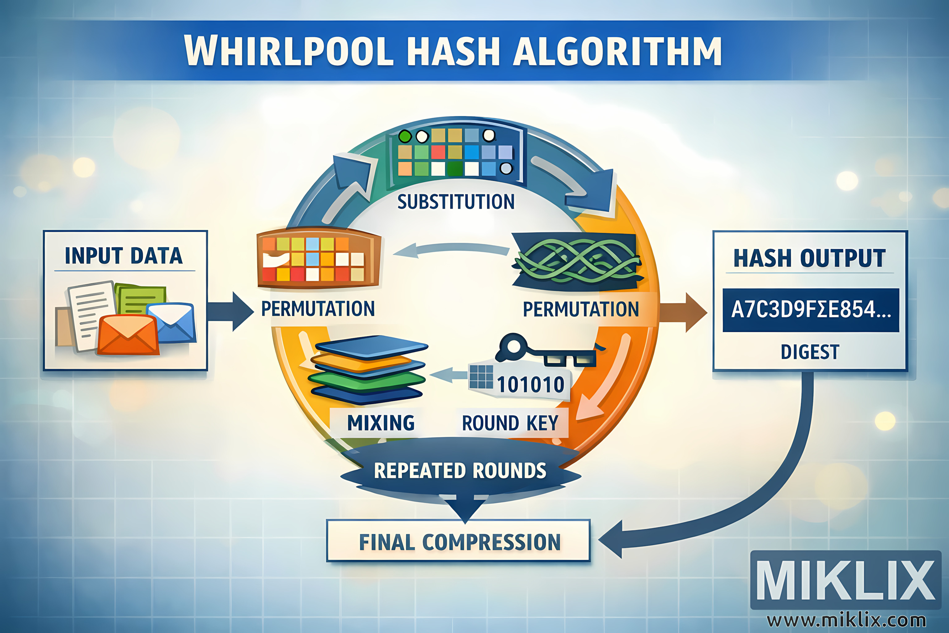 Infographic-style diagram showing the conceptual flow of the Whirlpool hash algorithm from input data through substitution, permutation, mixing, and repeated rounds to a final hash output.