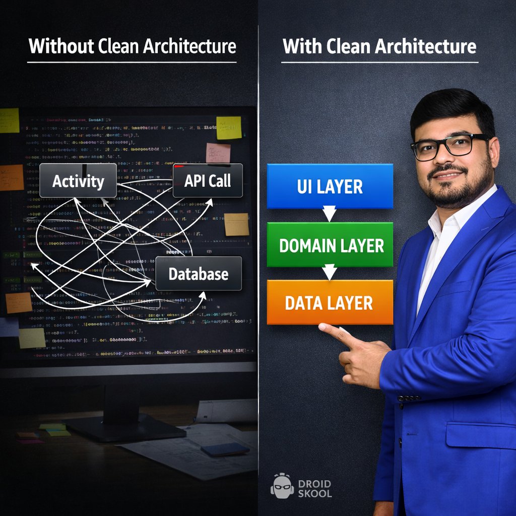 Clean Architecture Android example with UI Domain Data layers and real project structure for beginners | Nikhil Rai | Droid Skool