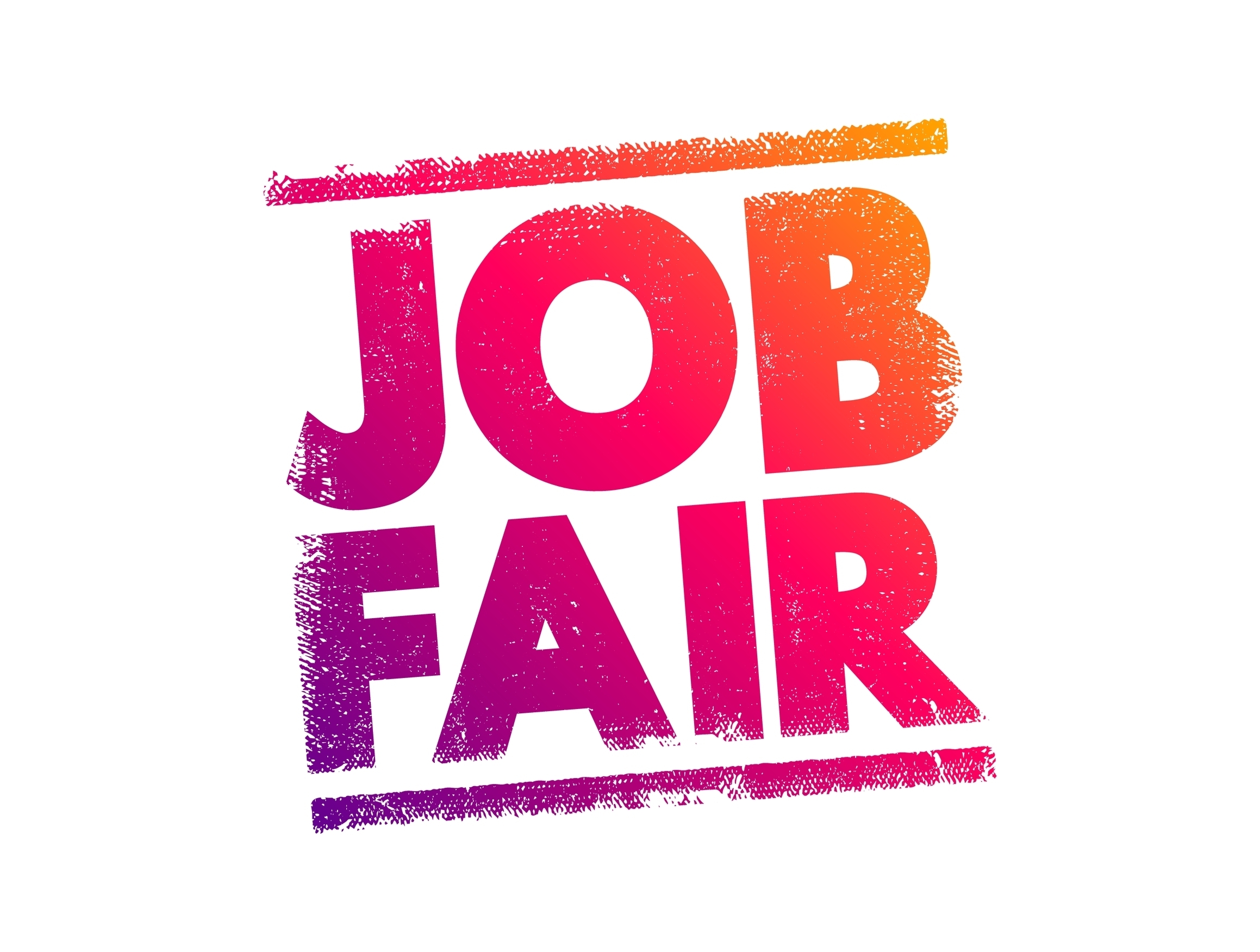 Bold, colorful text reading 'JOB FAIR' with a gradient from orange to purple and a textured, stamped effect on a white background.