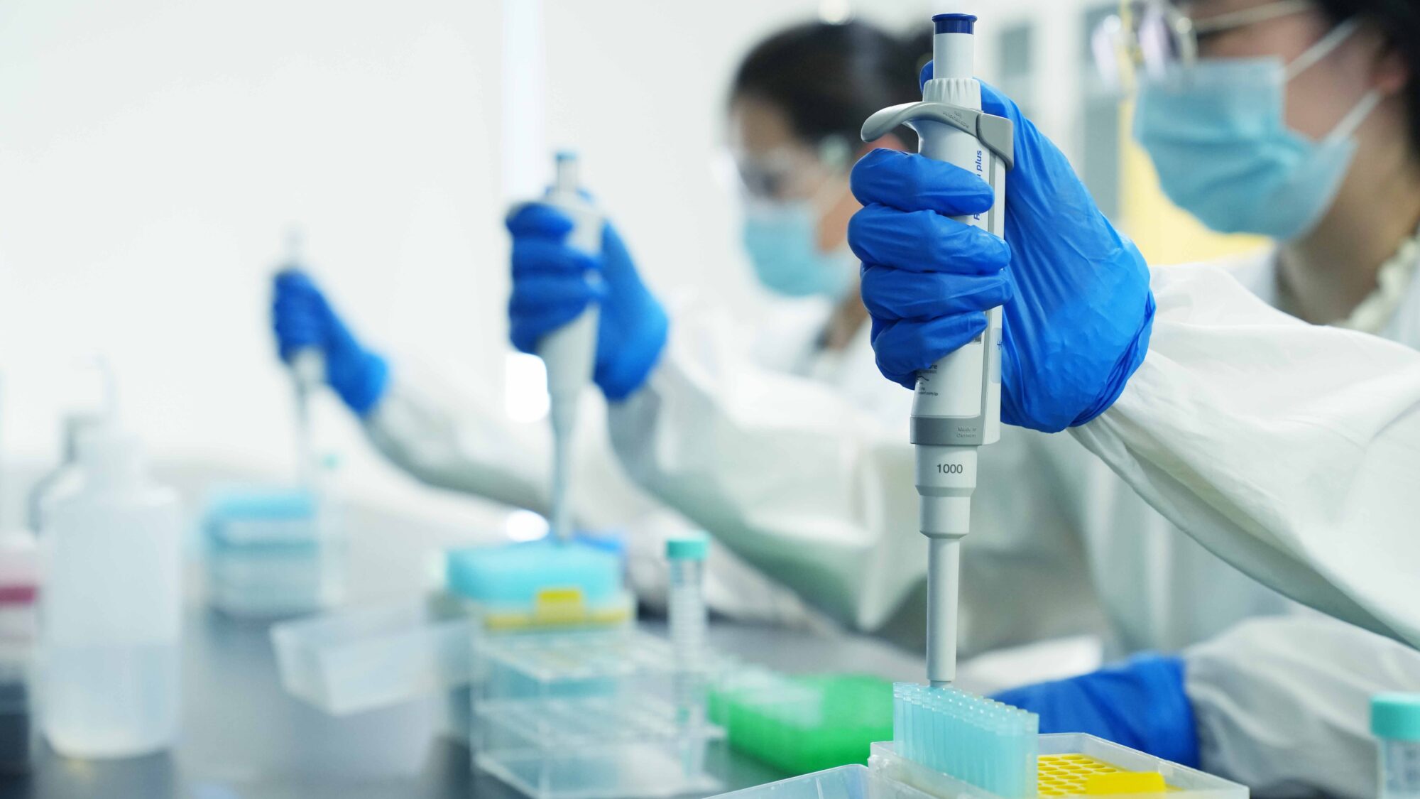 Scientists in white lab coats and blue gloves use pipettes to handle samples in a bright, sterile laboratory. This image highlights the meticulous processes involved in biodistribution and viral shredding studies, which are crucial for accurate analysis and ensuring the safety and efficacy of pharmaceutical and biotechnology products.
