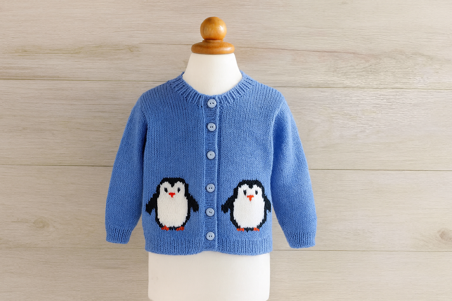 Children’s Round Neck Cardigan Knitting Pattern with intarsia penguin motif.  Uses double knitting wool.  To fit child in sizes from 6 months up to 7 years old.  UK terminology.  Digital download.  Piper the Penguin Cardigan Knitting Pattern by Elizabeth Primrose Patterns.