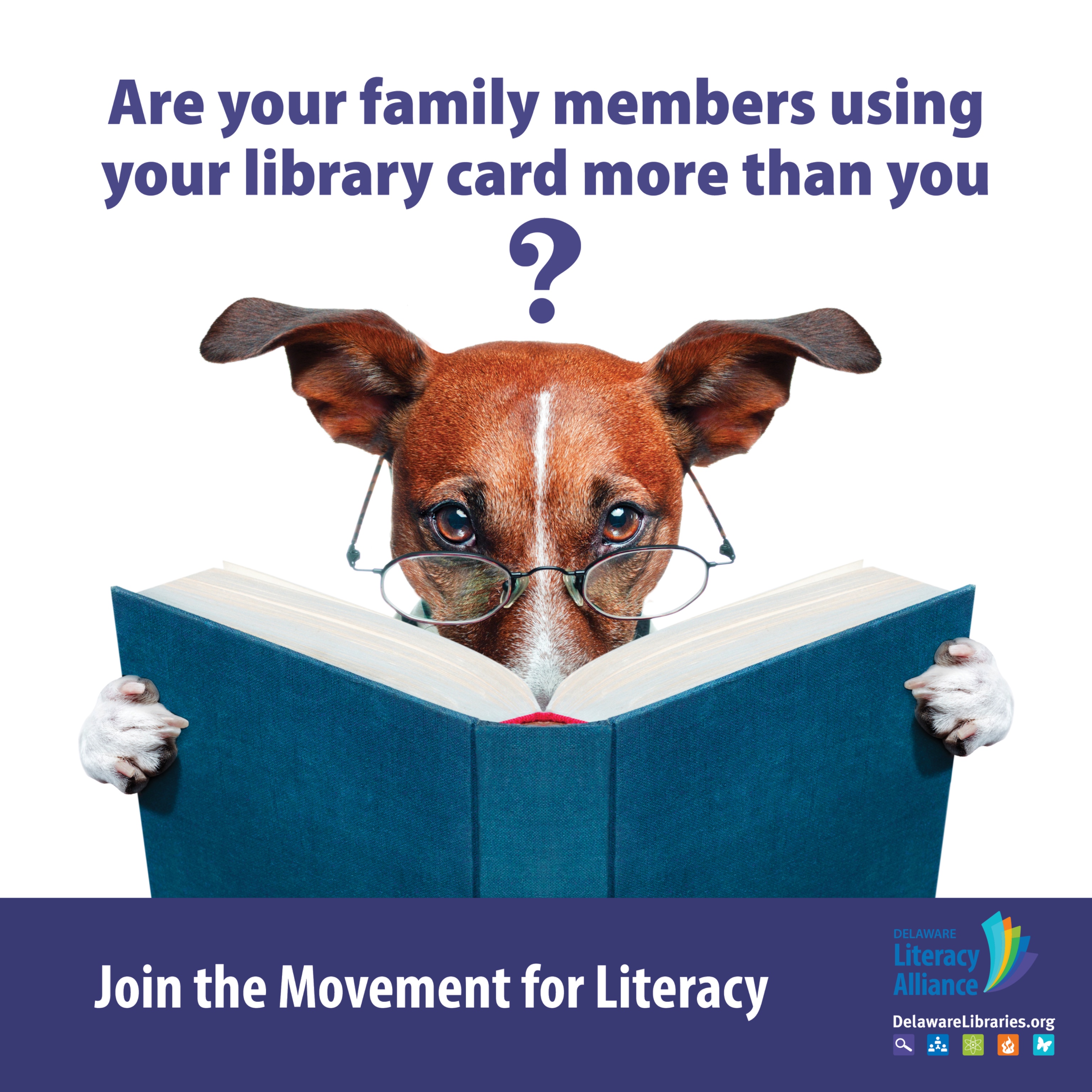 A dog wearing reading glasses holds an open book, highlighting a message about family members using a shared library card.