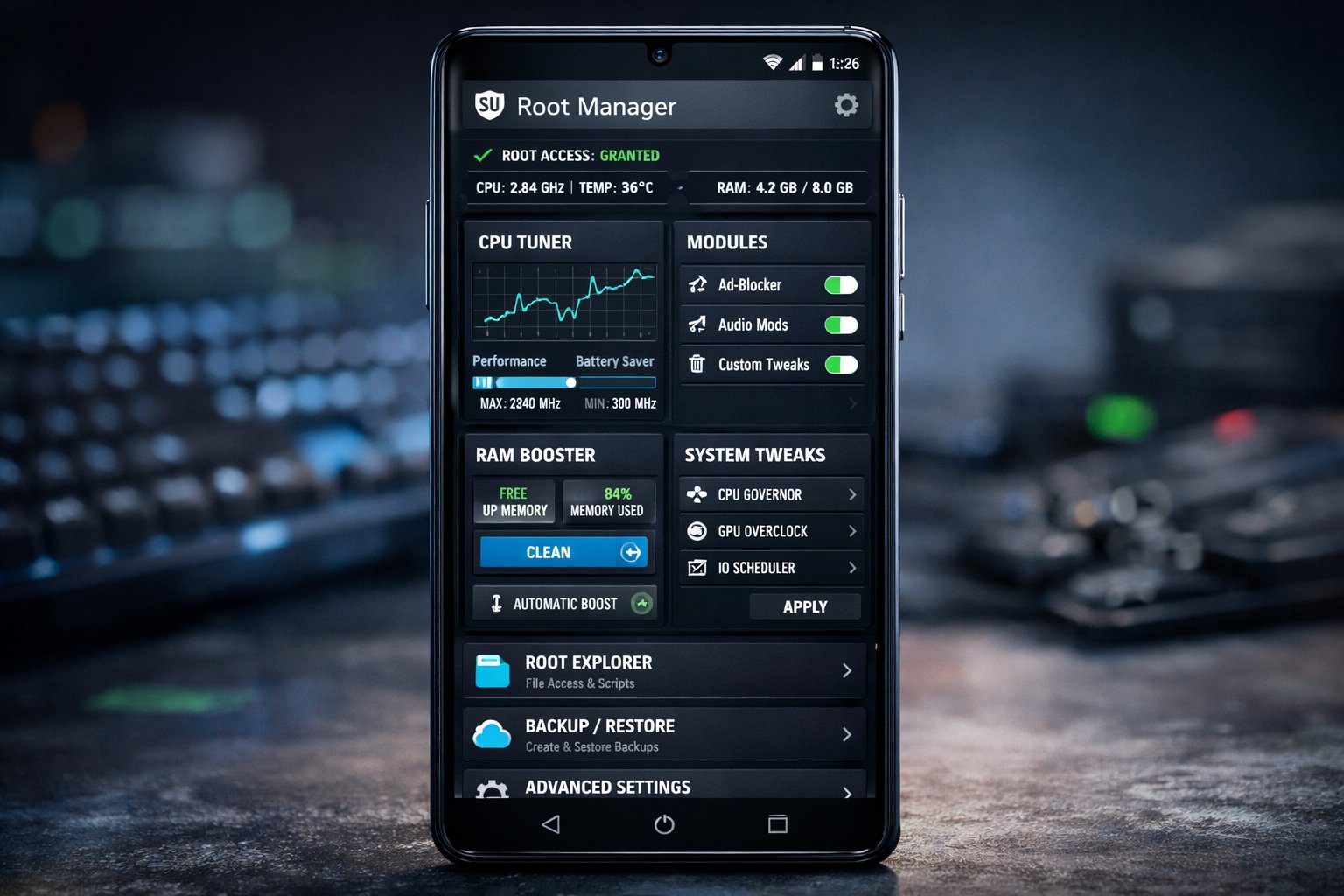 Smartphone displaying Root Manager app with CPU tuner, RAM booster, and system tweaks. Dark background, tech-focused interface.