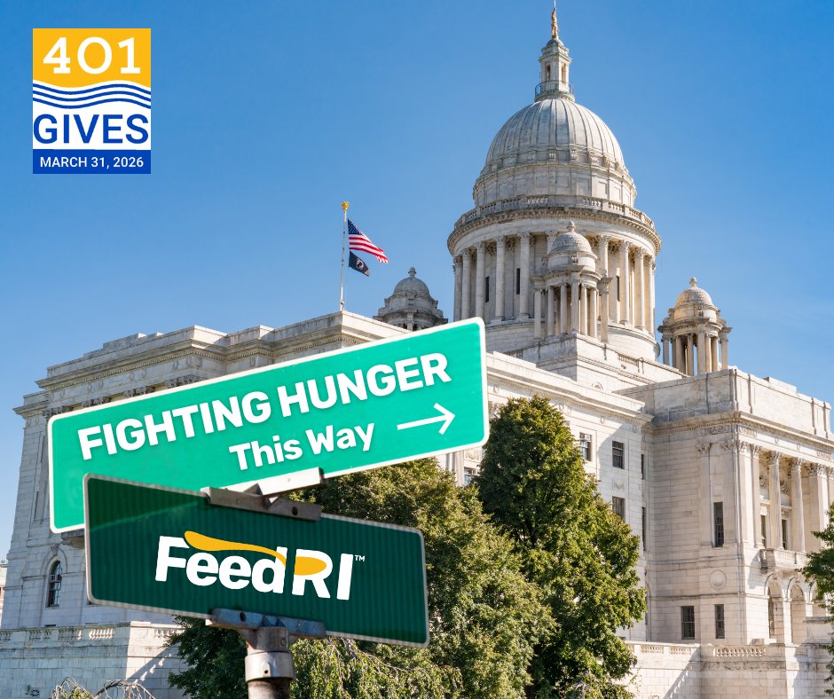 The image shows the Rhode Island State House with two large green signs in the foreground. One sign reads "Fighting Hunger This Way" with an arrow, and the other reads "Feed RI". The top left corner displays a logo for "401 Gives" and the date March 31, 2026.
