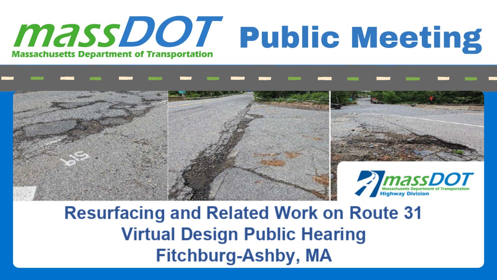 Close-up of cracked and damaged pavement on Route 31 highlighting areas marked for resurfacing work in Fitchburg-Ashby, MA.
