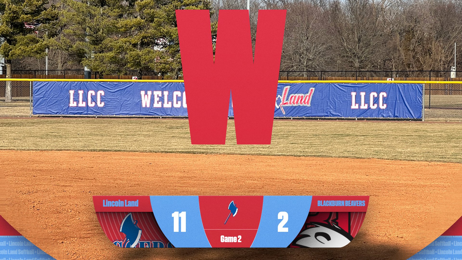 W on picture of Lincoln Land Softball Field.  Lincoln Land beat Blackburn JV 11-2 in Game 2.