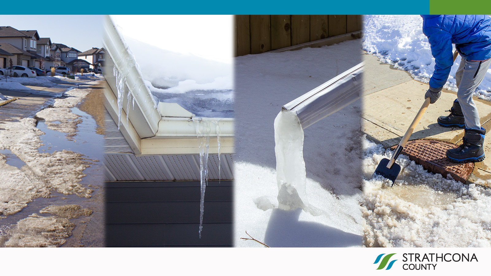 Four images showing spring melt conditions: slushy streets, icicles on a roof edge, ice buildup on a downspout, and a person chipping ice on a sidewalk. Strathcona County branding appears at the bottom.