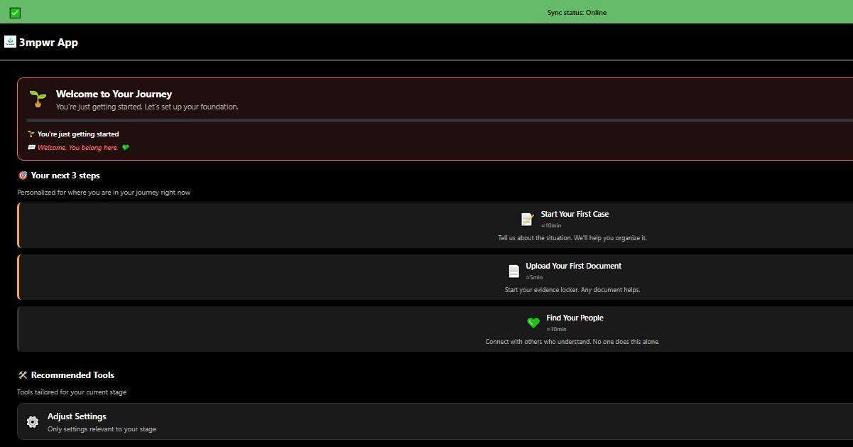 **Alt Text**: AI Assistant showing personalized next steps and recommended tools for disability advocacy - 3mpwrApp home dashboard