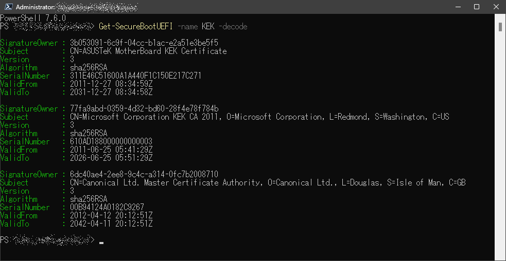 私のPCでの
Get-SecureBootUEFI -name KEK -decode
の実行結果