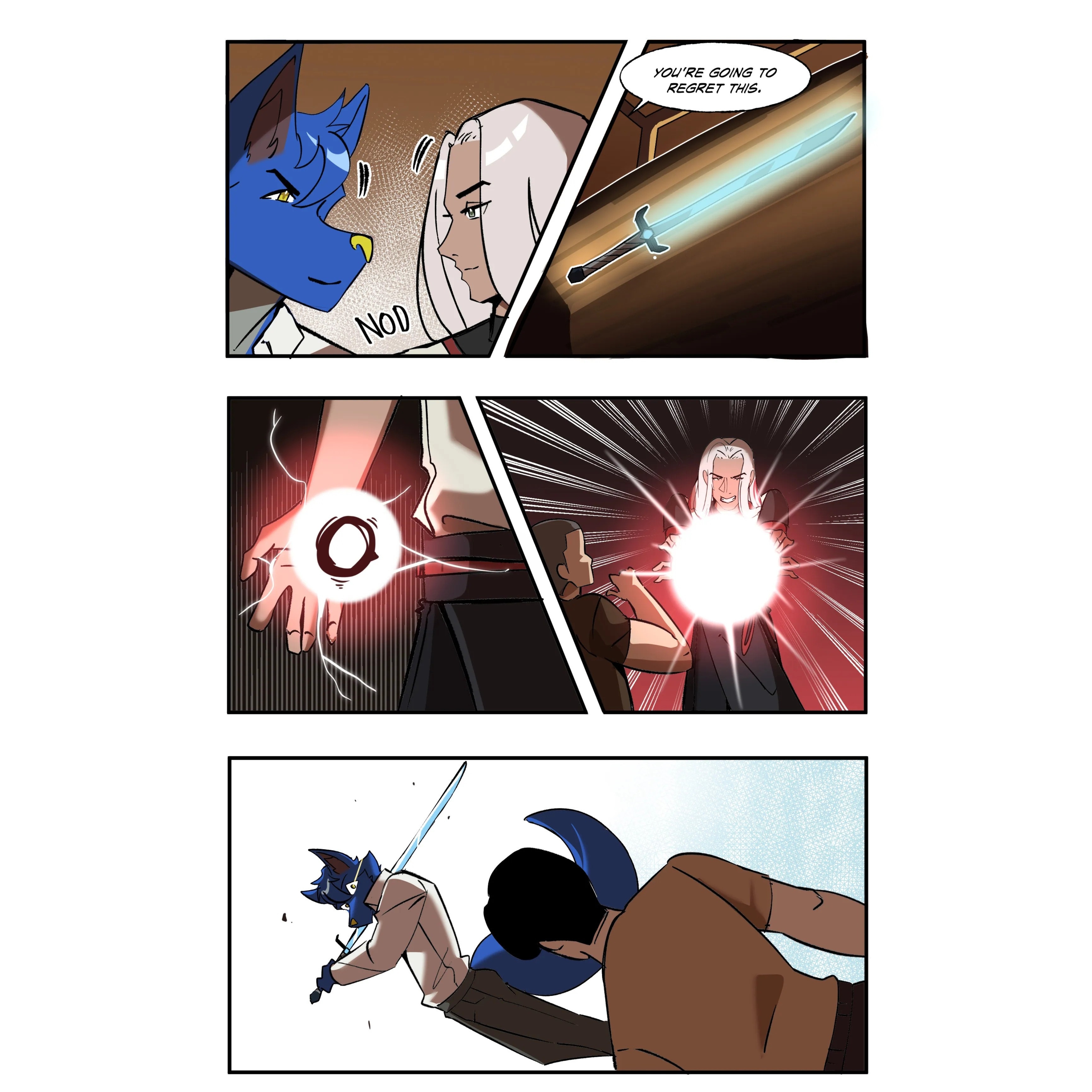 The time for talk is officially over. In this latest part of my commissioned comic project, we finally see our heroes spring into action. I loved illustrating the contrast between the calm and steady nod of agreement and the sheer power that follows. From the summoning of a glowing blade to the activation of some serious magic, the battle for their home has truly begun.
Working on these panels was such a fun challenge because I wanted the viewers to feel the speed and intensity of the movement. There is something so satisfying about seeing characters finally unleash their true potential when their backs are against the wall. It really highlights the bond they share and how well they work together in a crisis.
How do you feel when a story finally reaches its big action reveal? I would love to hear which of these panels is your favorite or if you were surprised by their choice of weapons.