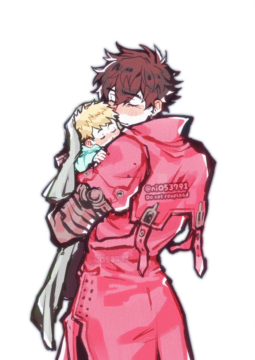 Sketchy illustration of Vash the Stampede from Trigun Maximum in soft colors. While he is wearing his iconic red coat, his hair is black, indicating a post-canon setting. He is holding a sleeping blonde infant wrapped in a blanket with a gentle expression on his face, eyes closed.