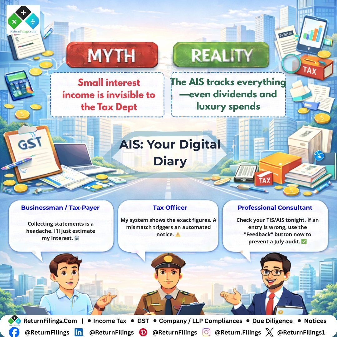 Image source ReturnFilings.Com it contains The Tax Dept has a "Digital Diary" of your finances... and it's called the AIS! 📖💻

The Myth: "I'll just report a rough figure for my bank interest."
The Reality: If your ITR says ₹5,000 but the AIS shows ₹5,200, you’re looking at an automated notice. ⚠️

The AIS tracks your dividends, stock flips, and even that luxury watch purchase! ⌚✨ Don't let a "forgotten" dividend trigger a penalty.

Consultant’s Action Plan:
1️⃣ Login to the e-filing portal.
2️⃣ View AIS/TIS.
3️⃣ Cross-verify with bank statements.
4️⃣ Found an error? Hit Feedback and fix it now! 🛠️✅

#ReturnFiling #Returnfilings #TaxHacks #AIS #IncomeTax #FinanceTips #InvestorLife #MoneyMatters