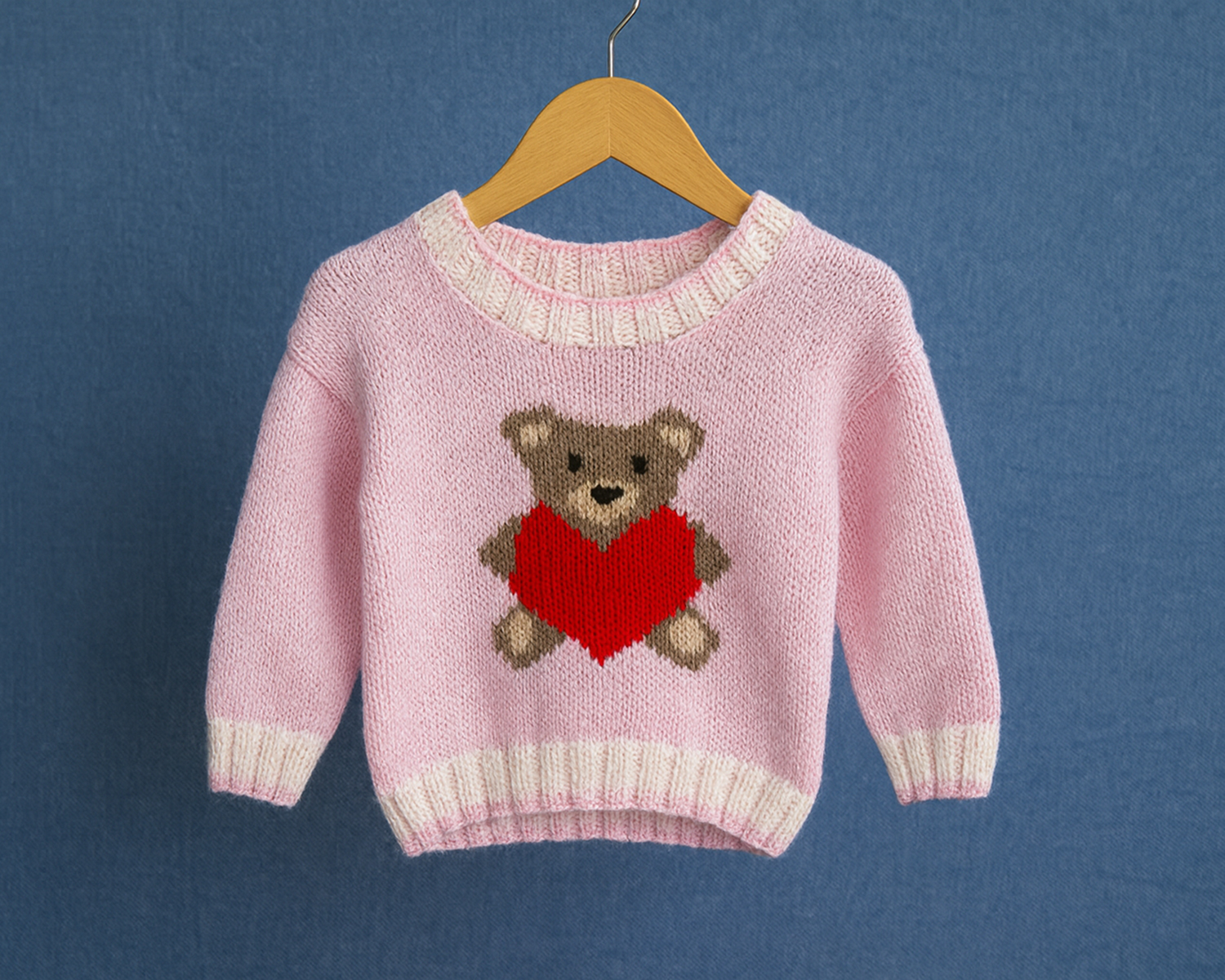 Children’s Jumper Knitting Pattern with intarsia teddy bear motif.  Uses double knitting wool.  To fit child in sizes from birth up to 3 years old.  UK terminology.  Digital download.  Love Heart Teddy Bear Motif Cardigan Knitting Pattern by Elizabeth Primrose Patterns.
