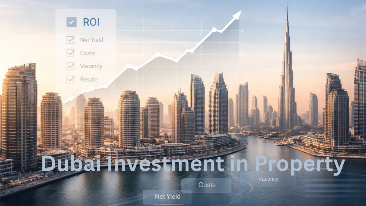 Dubai Investment in Property – modern Dubai Marina and Downtown skyline at golden hour with ROI growth chart and property yield analysis overlay.