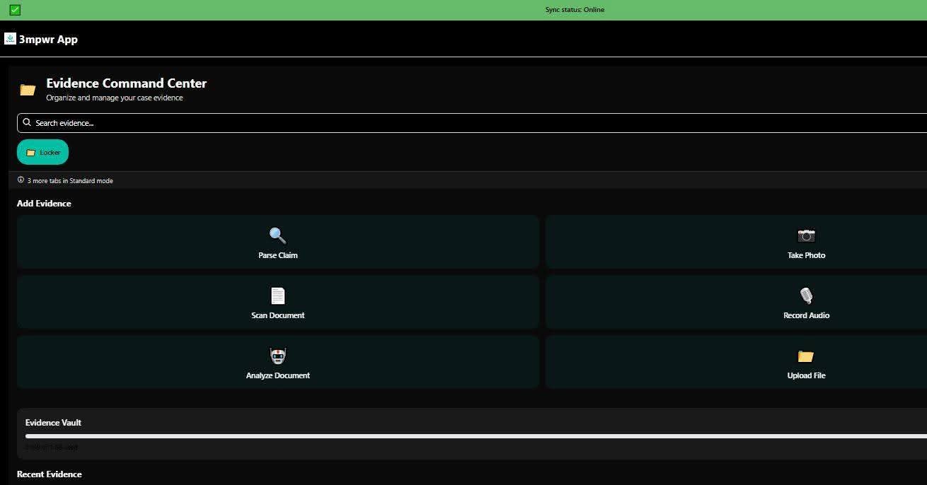 [Image: Step2-UploadDocumentsIntoEvidenceCommandCenter.png]
**Alt Text**: Three-step guided onboarding tutorial for workers compensation cases and community connection - 3mpwrApp  