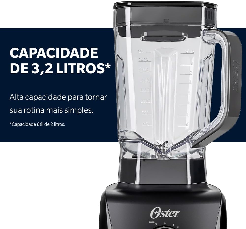 Foto do liquidificador Oster 1400W preto, jarra 3,2L, potente e prático para cozinha.
