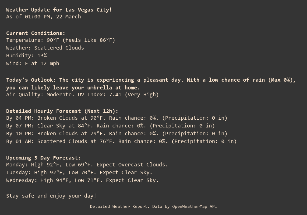 Weather Update for Las Vegas City!
As of 01:00 PM, 22 March

Current Conditions:
Temperature: 90°F (feels like 86°F)
Weather: Scattered Clouds
Humidity: 13%
Wind: E at 12 mph

Today's Outlook: The city is experiencing a pleasant day. With a low chance of rain (Max 0%), you can likely leave your umbrella at home.
Air Quality: Moderate. UV Index: 7.41 (Very High)

Detailed Hourly Forecast (Next 12h):
By 04 PM: Broken Clouds at 90°F. Rain chance: 0%. (Precipitation: 0 in)
By 07 PM: Clear Sky at 84°F. Rain chance: 0%. (Precipitation: 0 in)
By 10 PM: Broken Clouds at 79°F. Rain chance: 0%. (Precipitation: 0 in)
By 01 AM: Scattered Clouds at 76°F. Rain chance: 0%. (Precipitation: 0 in)

Upcoming 3-Day Forecast:
Monday: High 92°F, Low 69°F. Expect Overcast Clouds.
Tuesday: High 92°F, Low 70°F. Expect Clear Sky.
Wednesday: High 94°F, Low 71°F. Expect Clear Sky.

Stay safe and enjoy your day!