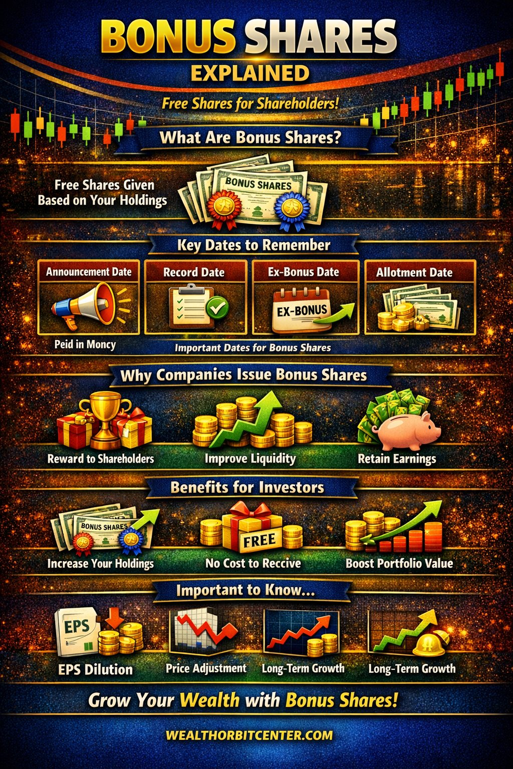 What are Bonus Shares?

Bonus shares are additional shares given by a company to its existing shareholders free of cost, based on the number of shares they already own.

They are issued from the company’s accumulated profits or reserves instead of paying cash dividends.

Bonus shares increase the total number of shares held by investors, but do not change the overall value of their investment immediately.

Companies issue bonus shares to reward shareholders and improve liquidity in the market.

#BonusShares #StockMarket #Trading #Finance #Investment #Investing #FinancialEducation #CorporateActions #Stocks #WealthBuilding