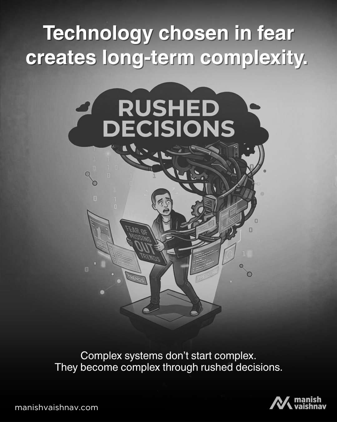 technology decision making under pressure concept
rushed decisions creating complex systems illustration
digital transformation complexity due to poor planning
business leader overwhelmed by technology choices
system complexity caused by unstructured decisions
fear driven technology adoption concept
multiple tech tools creating complexity visual
strategic technology planning vs reactive decisions
confused professional handling multiple digital systems
technology strategy clarity vs complexity concept
business systems becoming complex over time illustration
decision making pressure in digital transformation
overwhelmed by trends and technology choices concept
long term complexity from short term decisions
system design clarity vs chaotic architecture concept
