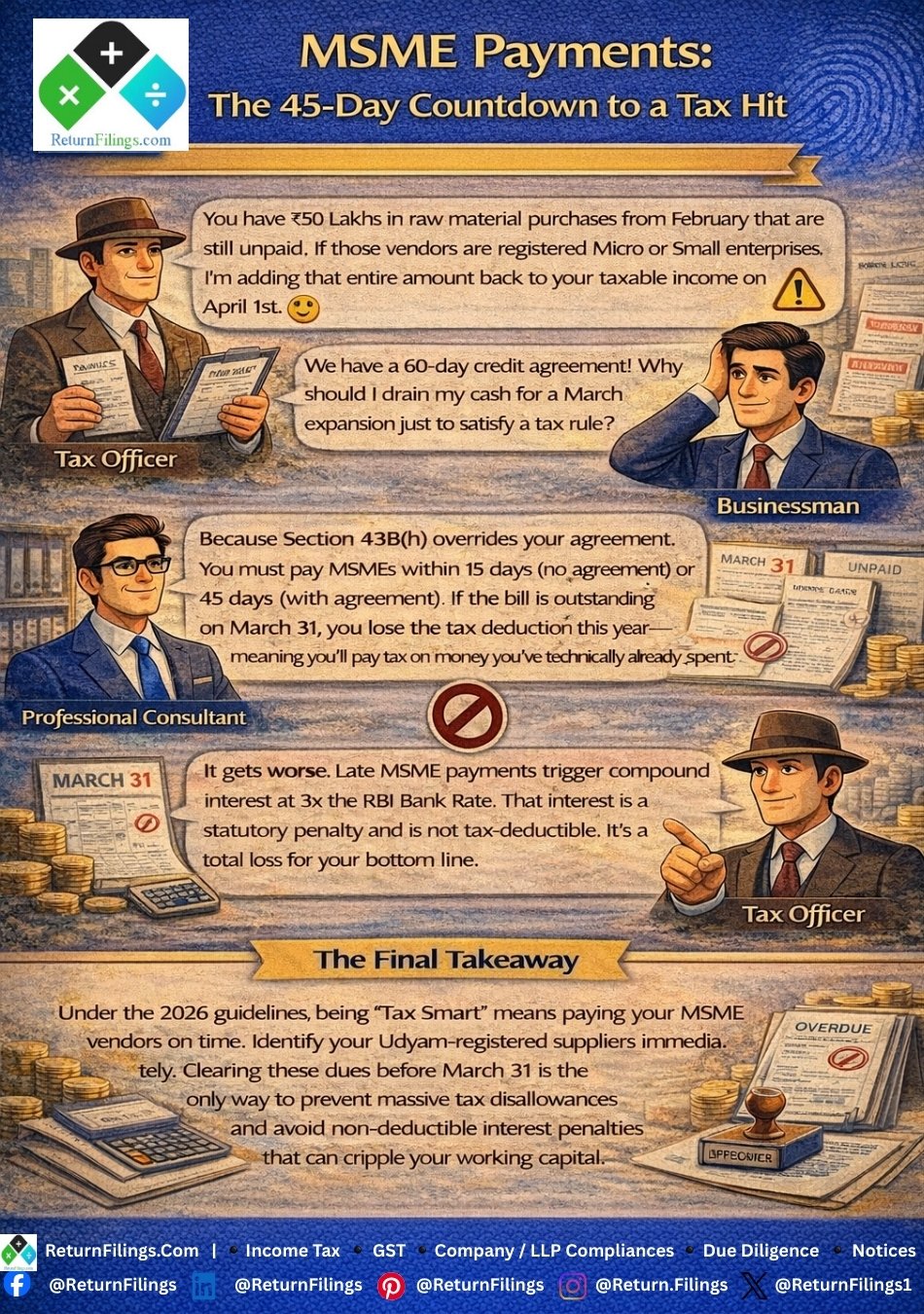 Image provided by ReturnFilings.Com it contains The 45-day rule is more than just a deadline—it's a tax mandate. ⚠️ If you buy from Micro or Small enterprises, Section 43B(h) overrides any long-term credit agreements you have. If the payment isn't cleared by March 31, you pay tax on money you've already spent! 🚫

Compound interest at 3x the RBI rate adds a heavy, non-deductible burden to your bottom line. 📉 Check your vendor’s Udyam status today and ensure your payments are finalized before the year-end "snapshot." 🛡️✨ #ReturnFiling #Returnfilings #Section43Bh #MSME #TaxPlanning #SmallBusinessTips #AuditReady