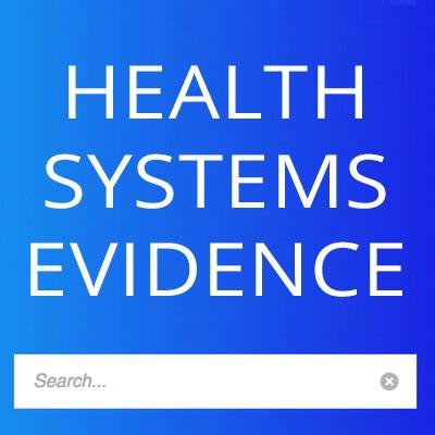 Blue background with white text reading 'HEALTH SYSTEMS EVIDENCE' above a search bar for queries.