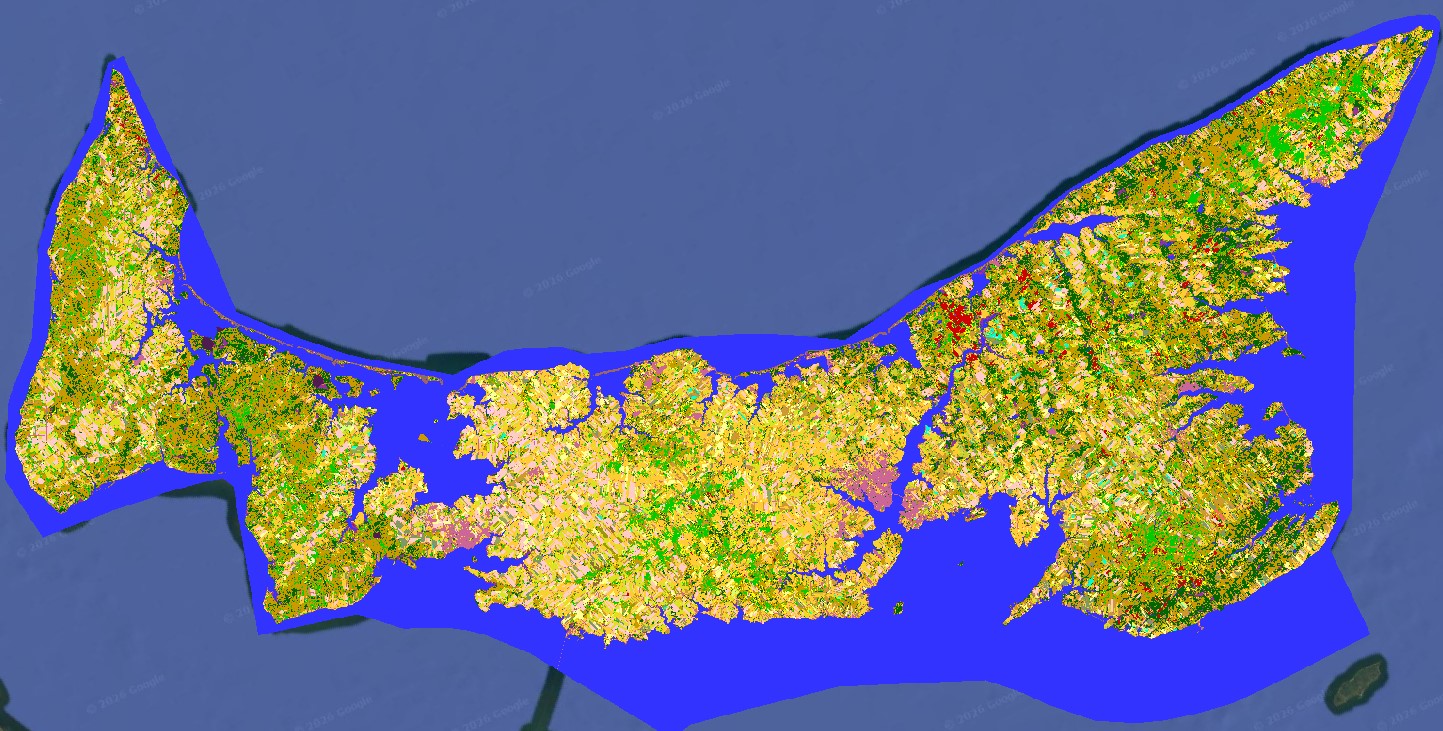 Agriculture Canada's 2025 Annual Crop Inventory (ACI) of Prince Edward Island overlaid on top of a Google Earth satellite image background. The ACI classifies individual crop types and surrounding land covers throughout the province.
