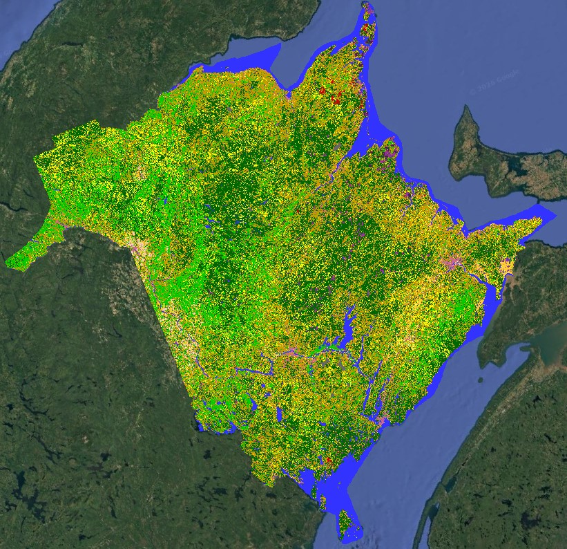 Agriculture Canada's 2025 Annual Crop Inventory (ACI) of New Brunswick overlaid on top of a Google Earth satellite image background. The ACI classifies individual crop types and surrounding land covers throughout the province.