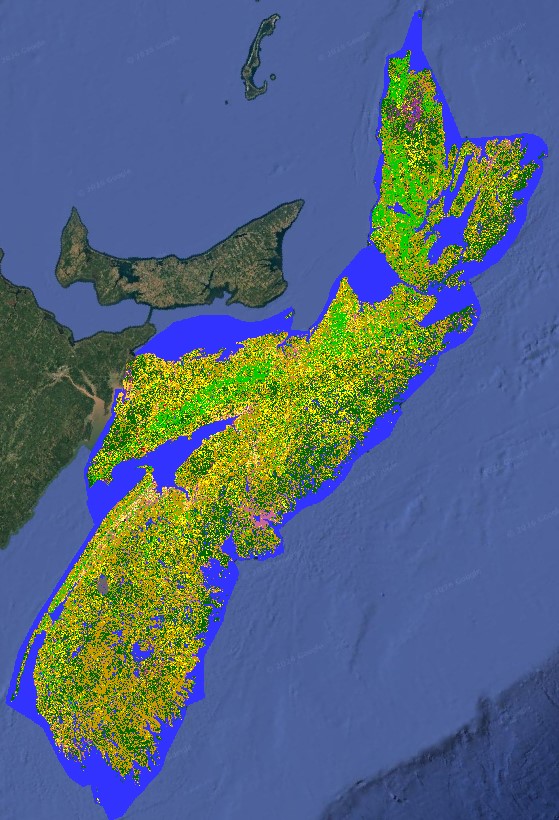 Agriculture Canada's 2025 Annual Crop Inventory (ACI) of Nova Scotia overlaid on top of a Google Earth satellite image background. The ACI classifies individual crop types and surrounding land covers throughout the province.