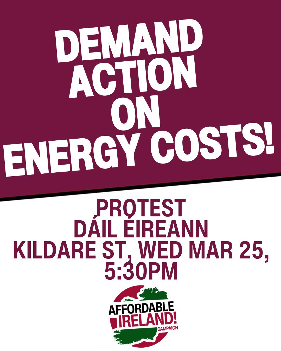 Image of the affordable ireland campiagn poster calling h fo a demo this Wednesday at 5:30pm the dail.