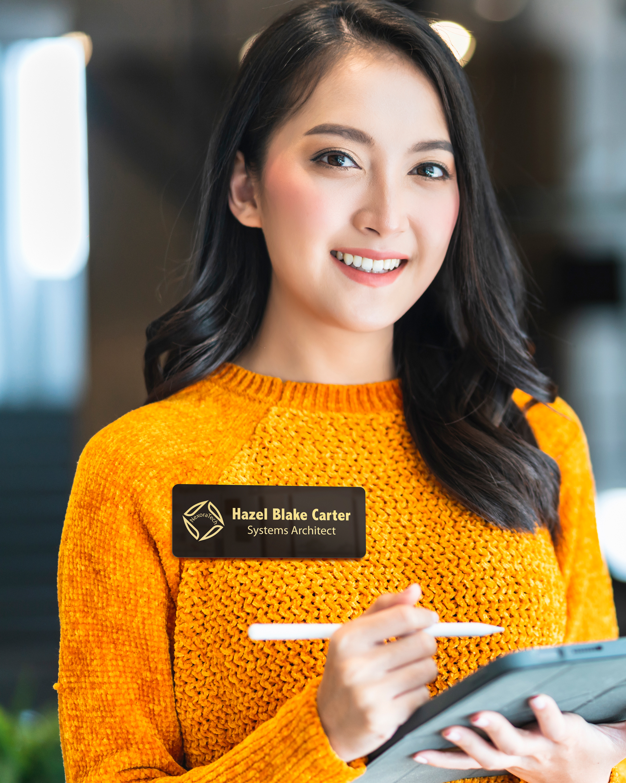 Happy Woman Working On A Tablet And Wearing Custom Aluminum Name Tag Engraved With Logo And Name And Systems Architect Text