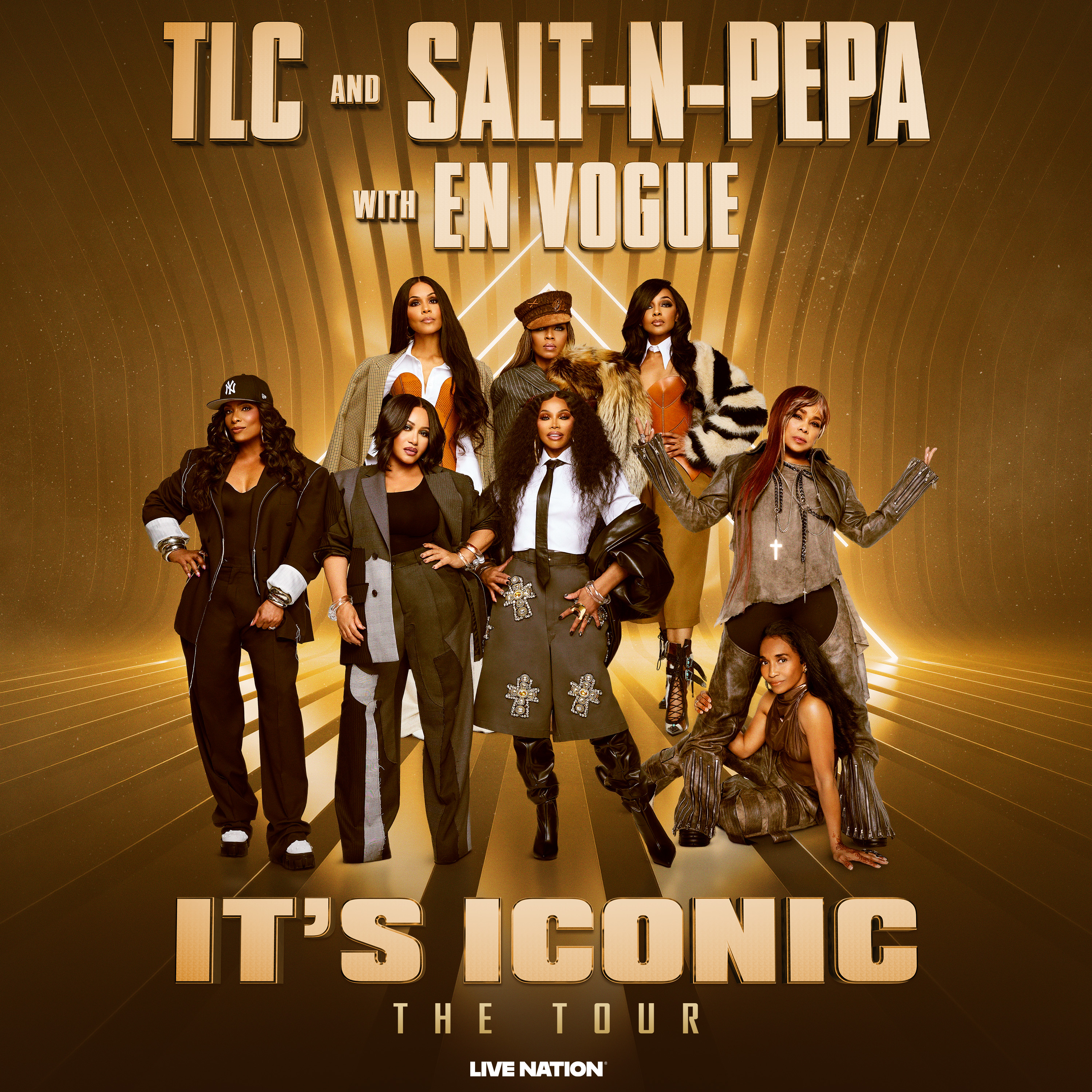 "TLC and SALT-N-PEPA with EN VOGUE" written across the top in golden block letters. "IT'S ICONIC THE TOUR" is written accross the bottom in the same golden block letters. TLC, Salt-N-Pepa and En Voge are all posing as a group with golden light behind them.