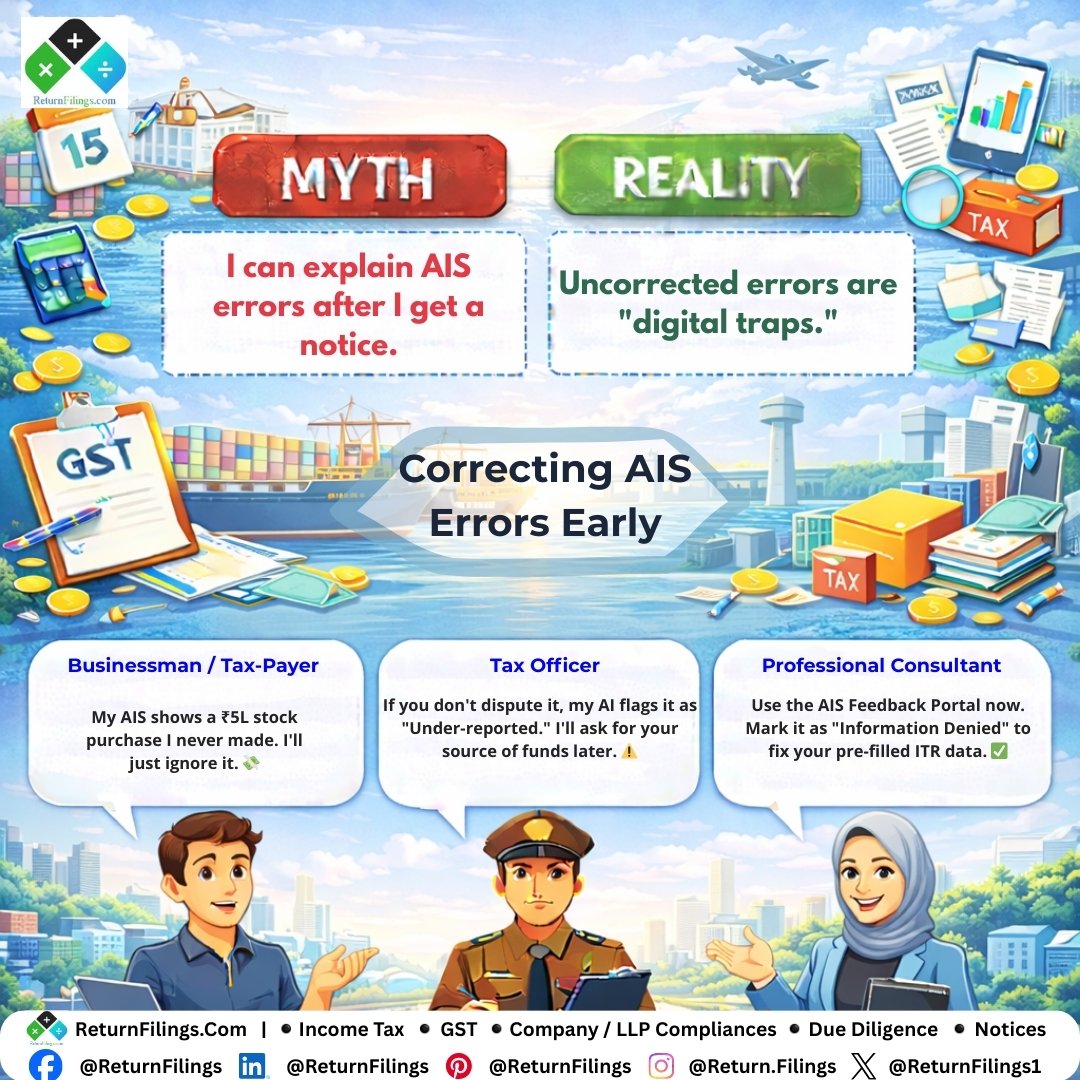 Image created by ReturnFilings.Com it contains Don't fall into the AIS "Digital Trap"! 💸

If your AIS shows transactions you never made, don't ignore them. AI flags uncorrected data as under-reported income. ⚠️

Use the Feedback Portal to "Deny Information" now! ✅🛡️

#ReturnFiling #Returnfilings #Tax