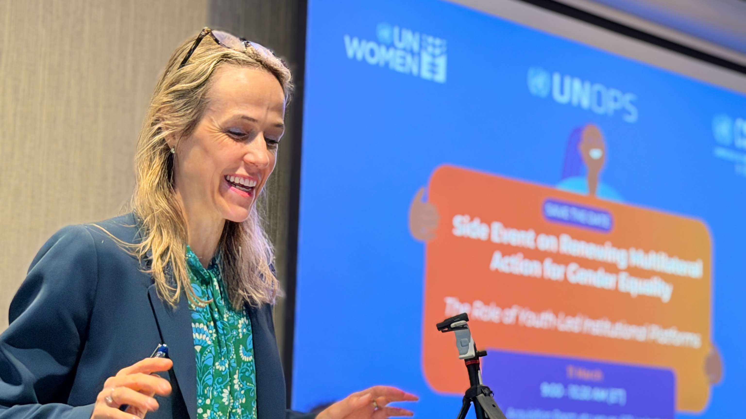 Speaker presenting at a UN Women and UNOPS side event on advancing multilateral action for gender equality.